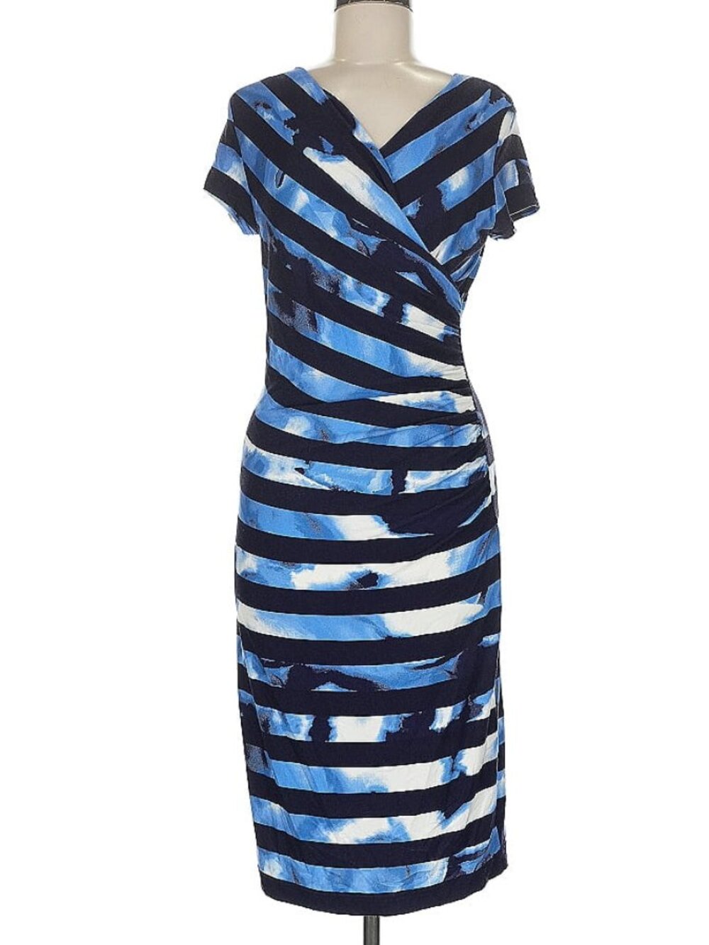 Joseph Ribkoff faux wrap style blue, black, & white stripe dress, 8 US
